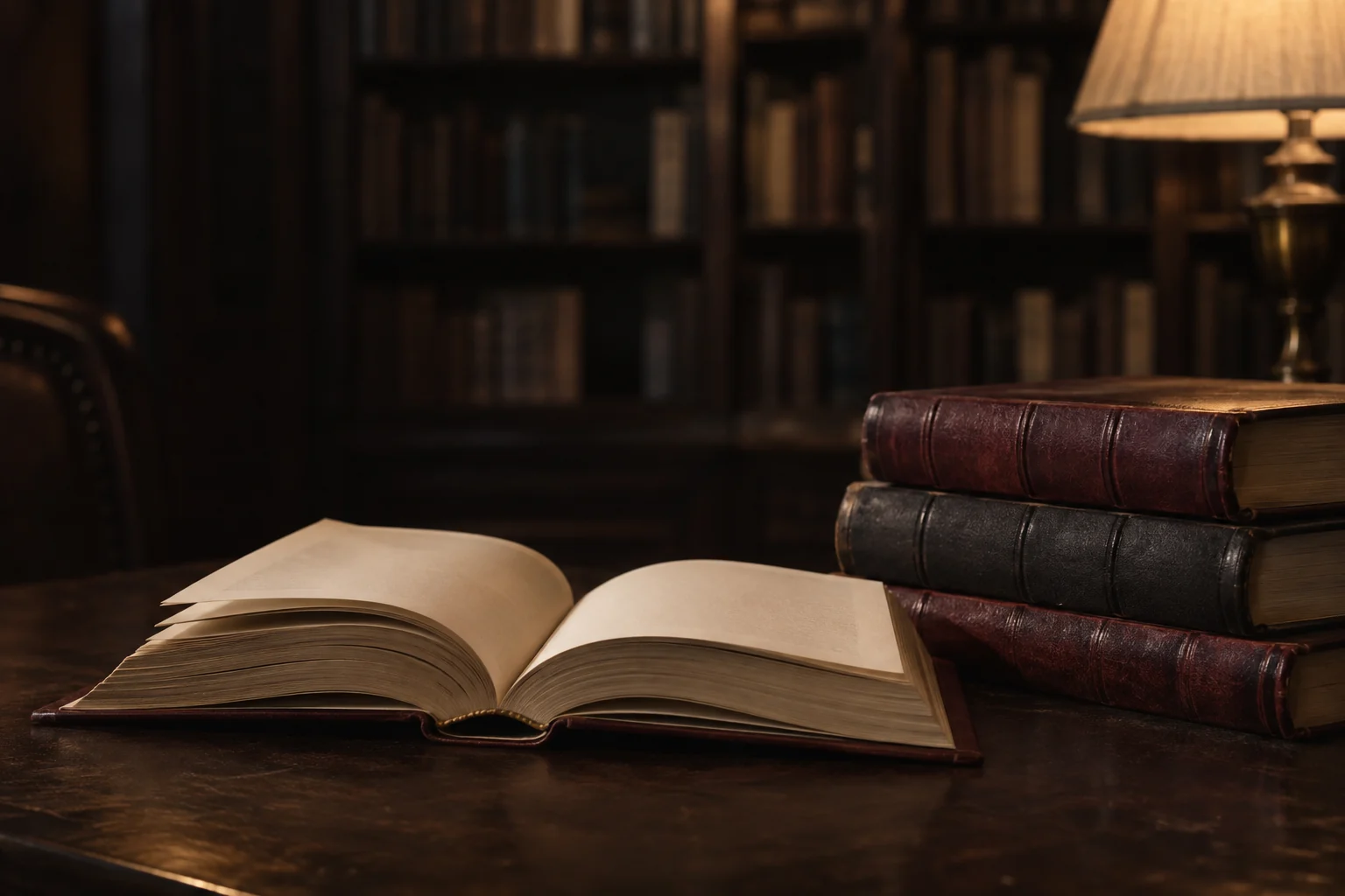 Um livro aberto e volumes encadernados sobre uma mesa de madeira, em uma biblioteca iluminada por luz quente.